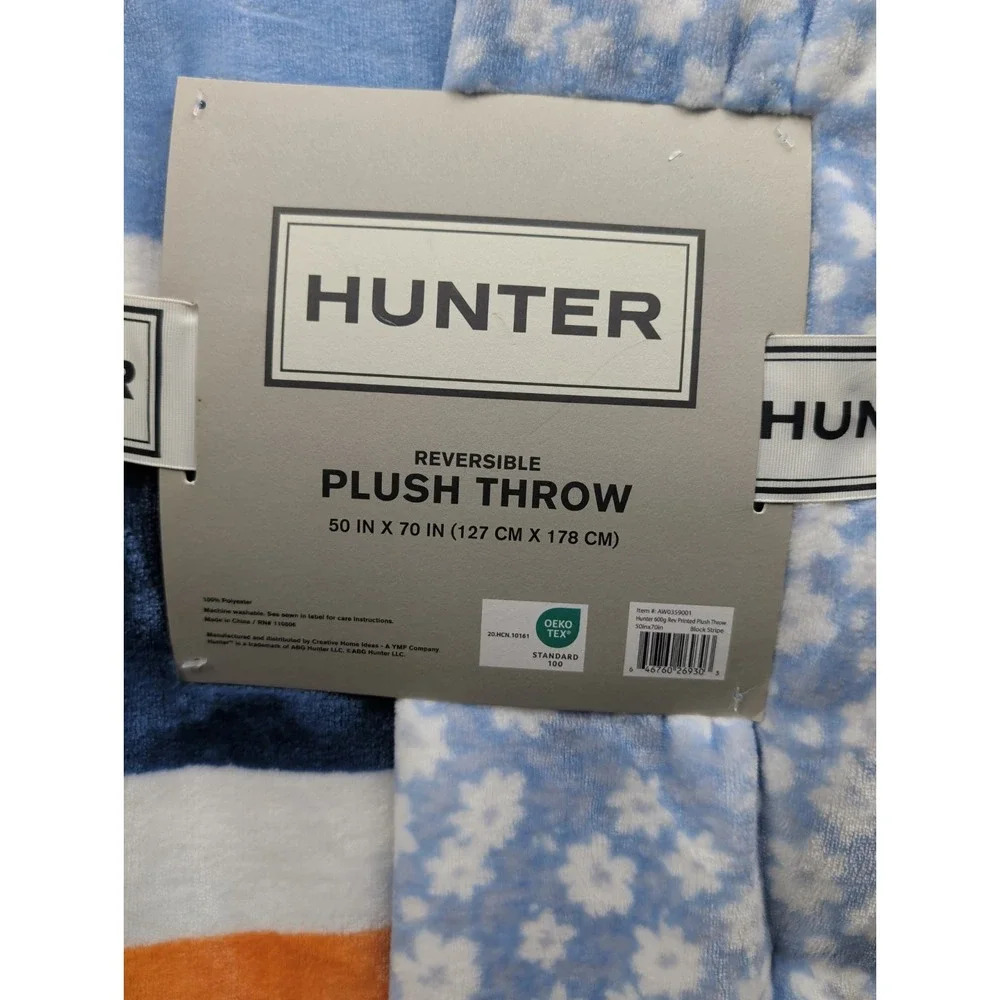 Hunter Reversible Plush Throw Blanket 50x70 Blue Floral Multi Color Stripe NWT
